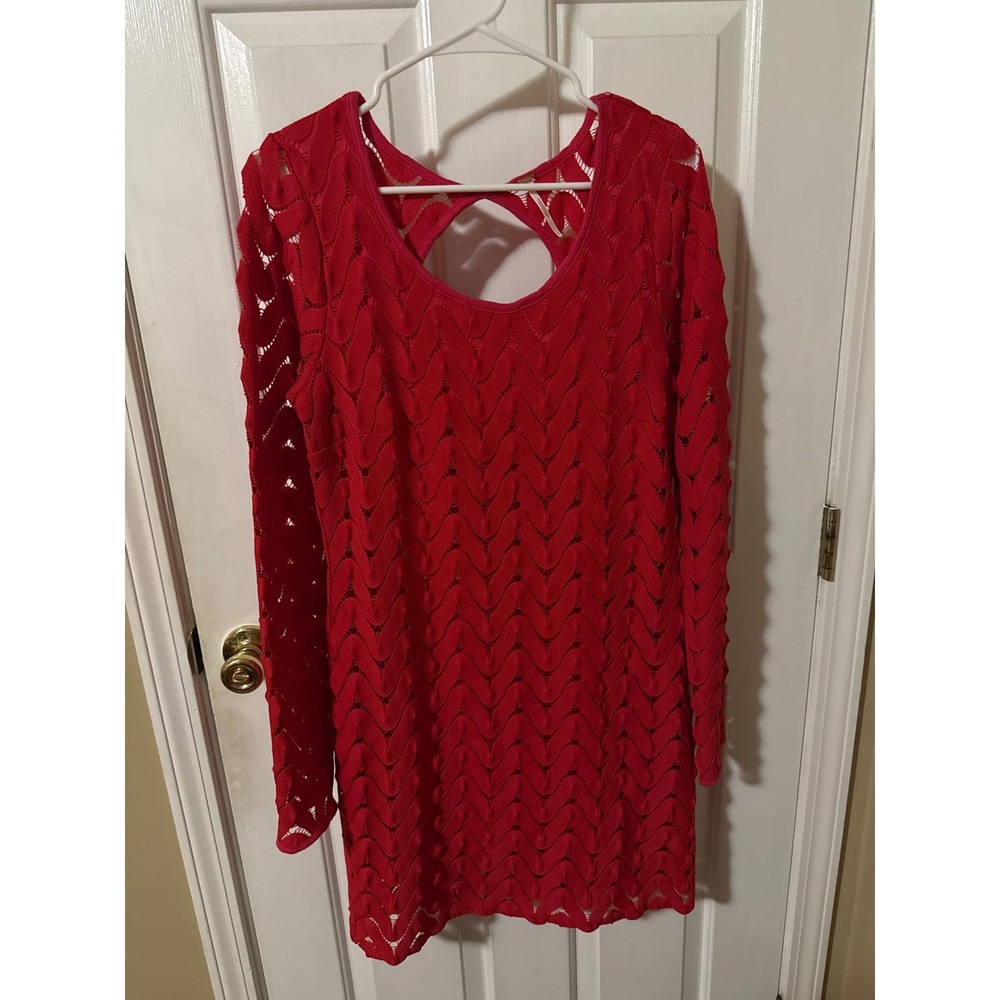 Free People‎ Red Crochet Open Back Chevron Mini Dress Long Sleeve Size L w/liner - Picture 2 of 5